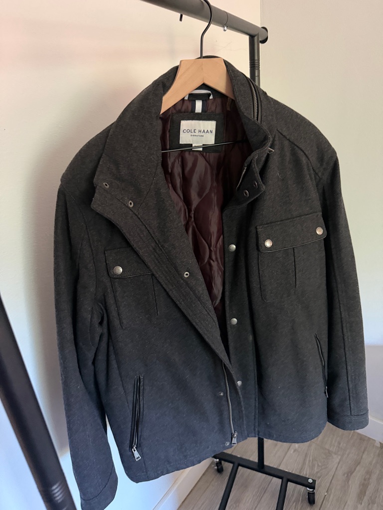Cole Haan Dark Gray Military Field Jacket With Burgundy Lining